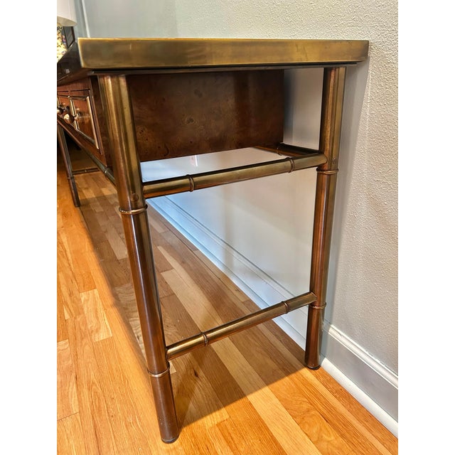 Wood 1970’s Mastercraft Attributed Brass Clad Faux Bamboo and Burl Wood 3 Drawer Console Table For Sale - Image 7 of 13