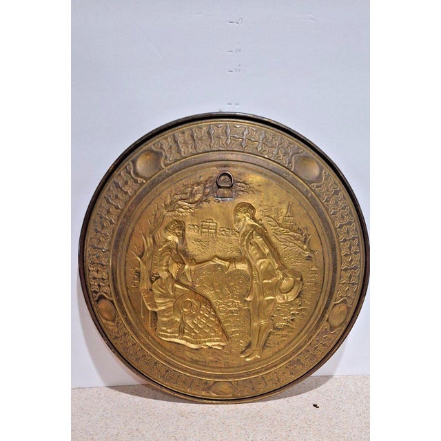 English Brass Repoussé Wall Plaques, Courting Couple Scenes, Round Pair For Sale - Image 3 of 6