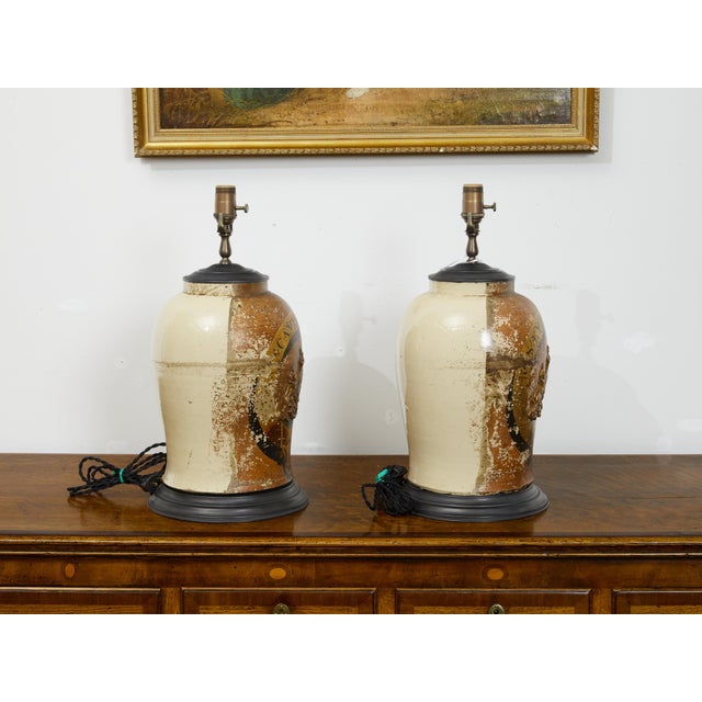 Pair of 1880s English Stoneware with Coat of Arms Made into Wired Table Lamps For Sale - Image 4 of 8