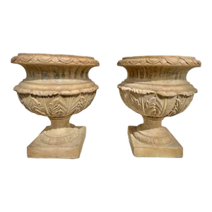 Vintage Large Neoclassical Style Stone Campagna-Form Garden Urns With Acanthus Leaf Decoration- a Pair