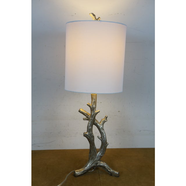 Faux Tree Branch Silver Resin Modern Farmhouse Table Lamp With Linen Shade For Sale - Image 11 of 12
