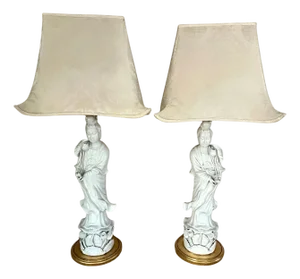 Pair Blanc de Chine Porcelain Quan Yin Lamps with Pagoda Shades