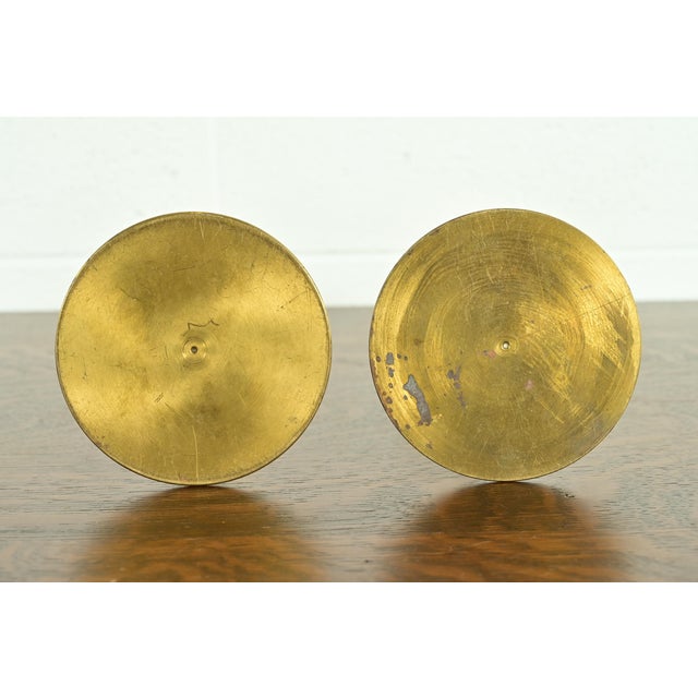 Robert Jarvie Style Antique Arts & Crafts Turned Brass Tall Candlesticks, Pair For Sale - Image 9 of 11