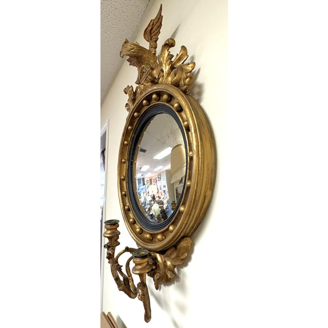 19th Century 19th Century Federal Convex Bullseye Mirror With Eagle Pediment and Three Candle Holders For Sale - Image 5 of 18