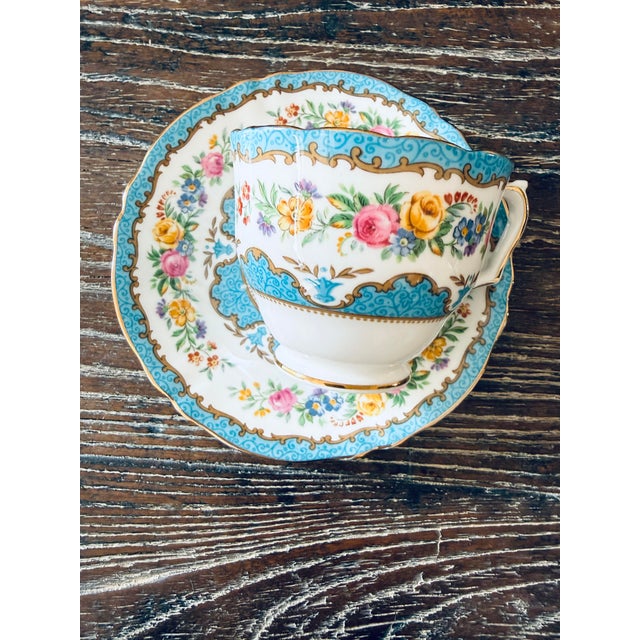 Mid 20th Century Vintage Crown Staffordshire Lyric Tunis Blue Fine Bone China Teacups & Saucers – 13 Pieces For Sale - Image 5 of 12