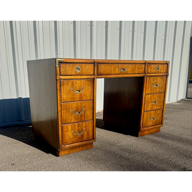 Drexel Heritage Vintage Drexel Campaign Style Partner Desk For Sale - Image 4 of 8