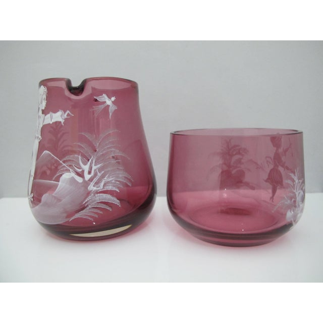 Mid 20th Century Mary Gregory Czech Red Glass Enamel Figural Painted Creamer Pitcher & Sugar Bowl For Sale - Image 5 of 16