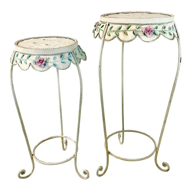 1950s Vintage French Style Boho Chic Scalloped Tole Rose Plant Stands - Set of 2 For Sale