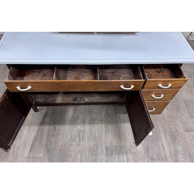 Brown Antique Hoosier Style Farmhouse Cabinet With Glass Doors and Enamel Worktop For Sale - Image 8 of 11
