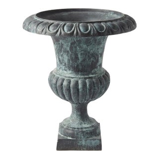 Classic Neoclassical Cast Iron Garden Urn With Distressed Bronze Finish For Sale