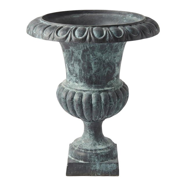 Classic Neoclassical Cast Iron Garden Urn With Distressed Bronze Finish For Sale