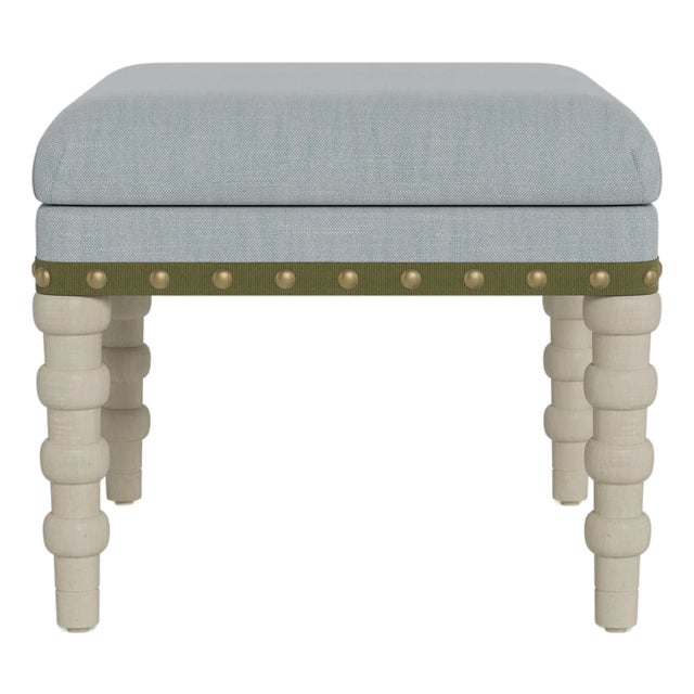 Bunny Williams Home Olive Tape Stool in Sky Performance Linen with Antique Brass Nailheads and Alpine Legs For Sale