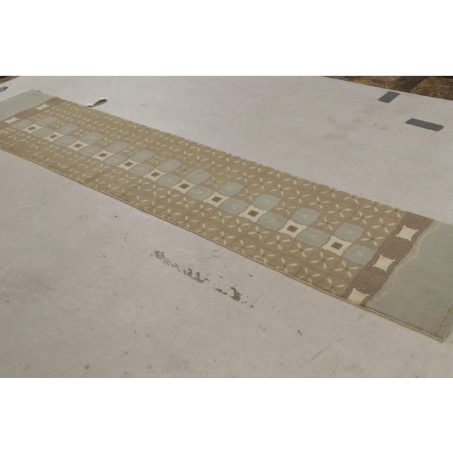 Art Deco Rug & Kilim’s Custom Art Deco Geometric Blue and Beige Wool and Silk Runner For Sale - Image 3 of 9