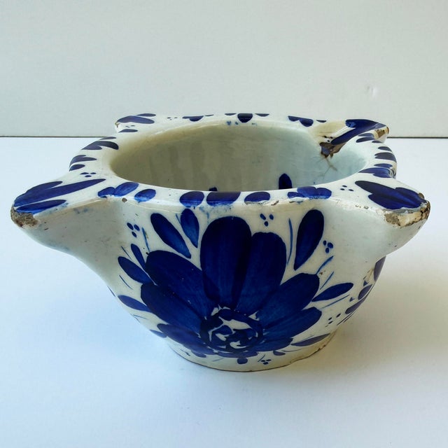 French Antique French Hand-Painted Stoneware Mortar – Blue & White Pottery – Early 20th Century For Sale - Image 3 of 8