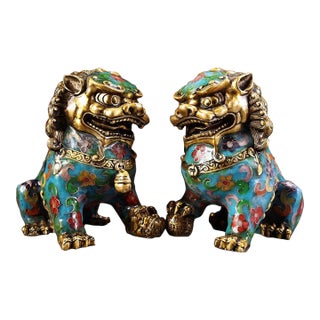 Mid 20th Century Pair of Gilt Cloisonne Enamel Guardian Lions – 4.7" Foo Dog Figures For Sale