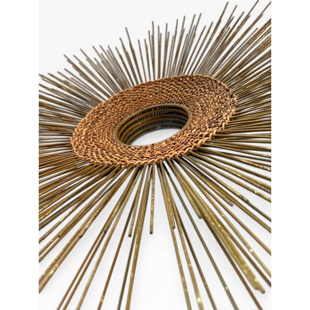 Mid-Century Modern Vintage Mid-Century Modern Brass Sunburst Mirror With Woven Caning | Brutalist Starburst For Sale - Image 3 of 5