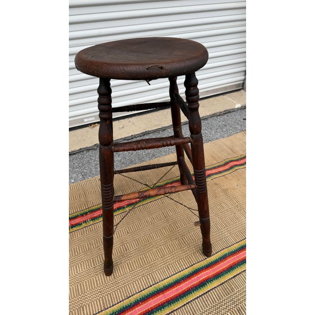 A Neat Antique Oak Workbench Barstool, With Wire Repairs, Circa 1890’s For Sale - Image 6 of 12
