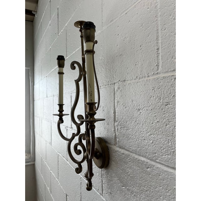 Mid 20th Century Spanish Revival Iron Wall Sconces With Tole Shades, Hollywood Regency Lighting For Sale - Image 9 of 11