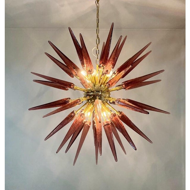 Murano Glass Sputnik Chandelier, Italian Mid Century Modern Brass Light Fixture For Sale - Image 4 of 7