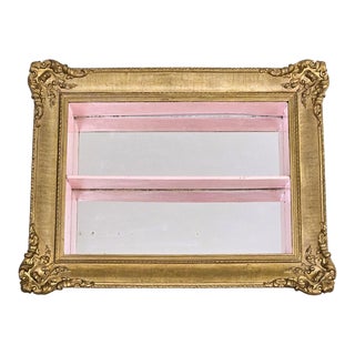 1940s Vintage Ornate Mirrored Hanging Curio Display Cabinet With Shelves Gilt Gesso Frame and Pink Interior For Sale