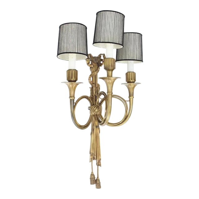 Bronze Large Heavy Bronze Triptych Sconce Ribbon Tassel Horn Shape Three Lights For Sale - Image 8 of 8