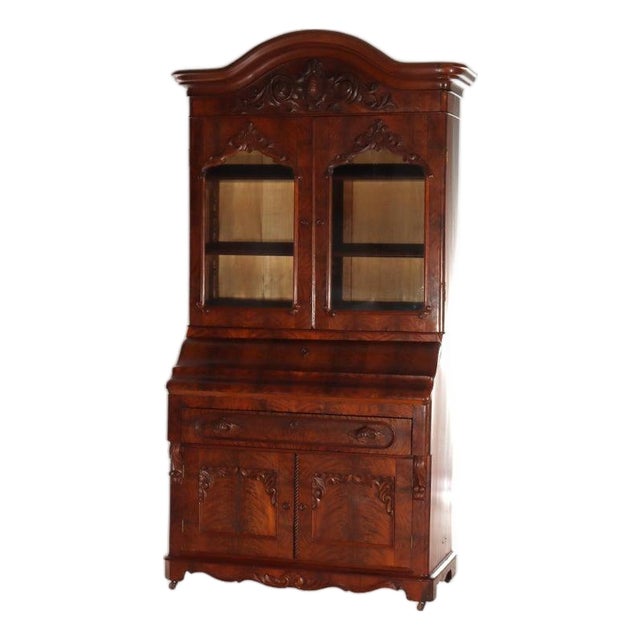 Antique Neoclassical Renaissance Revival Flame Mahogany Drop Front Secretary For Sale