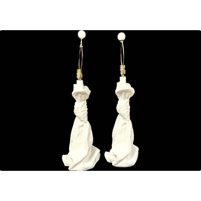 Pair of Plaster Table Lamps in the iconic John Dickinson style of the 1970s. Lamps feature sculptural draped and knotted...