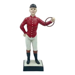 Vintage Equestrian Red Cast Iron Horse Jockey Statue