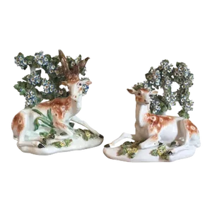 Antique 18th Century English George III Derby Porcelain Models of Recumbent Deer - Stag Buck & Doe at Lodge - a Pair