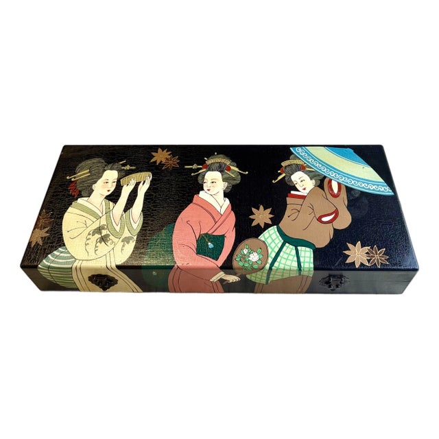 Vintage Japanese Hand Painted Wood Box W/Handles 39" For Sale