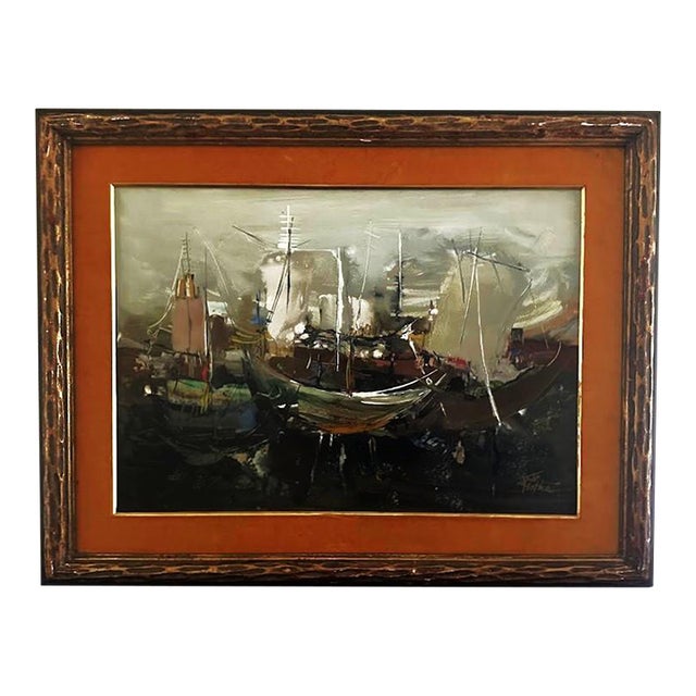 1920s Boats in a Harbor Mixed Media on Paper, Framed For Sale