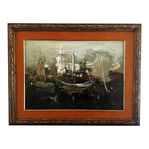 1920s Boats in a Harbor Mixed Media on Paper, Framed