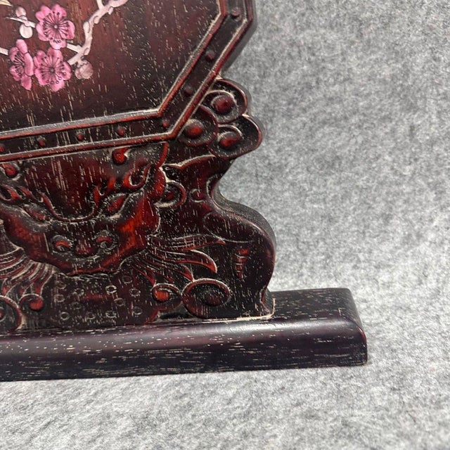 Vintage Chinese Rosewood Table Screen With Mother of Pearl Inlay – Magpie & Plum Blossom Motif For Sale In Los Angeles - Image 6 of 9