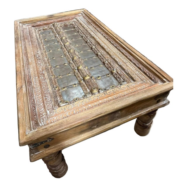 Antique Indian Brass-Studded Door Coffee Table – Rustic Carved Wood Statement Piece 48x27 For Sale