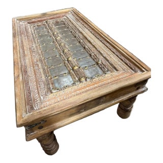 Antique Indian Door Coffee Table – Rustic Carved Wood Patio Chai Table 48x27 For Sale