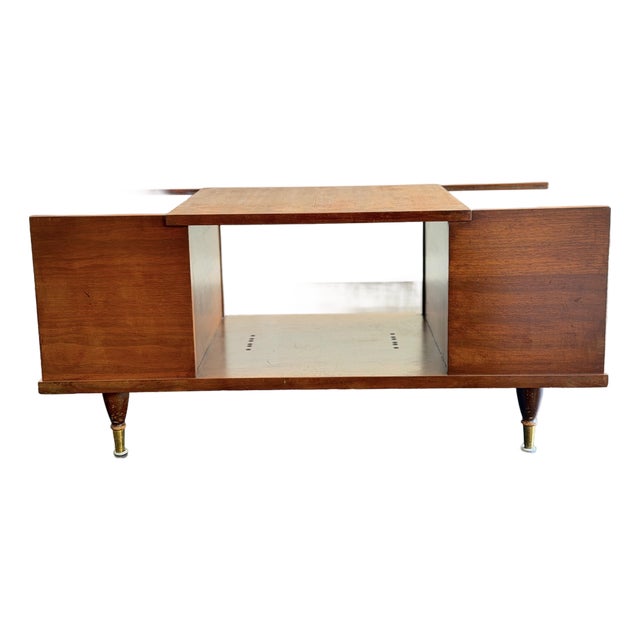 1960s Mid-Century Modern Teak Coffee Table With Beveled Glass — Record Cabinet, Turntable Stand, Media Console and Low Credenza For Sale
