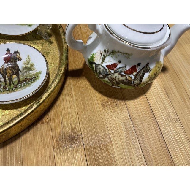 Vintage English Bone China Equestrian Fox Hunt Miniature Tea Set With Florentine Gilt Tray - 6 Pieces For Sale In Chicago - Image 6 of 7