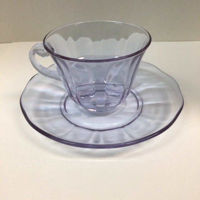Art Deco Lafayette Wisteria Glass Cups and Saucers by Fostoria - Set of 9 For Sale - Image 3 of 11