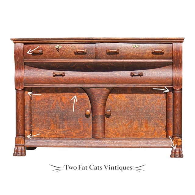 Antique Buffet | American Empire Server | Tiger Oak Sideboard With Carved Lion Paw Feet | Ogee Scroll Drawer | C1890-1915 | 54" Wide For Sale - Image 18 of 18