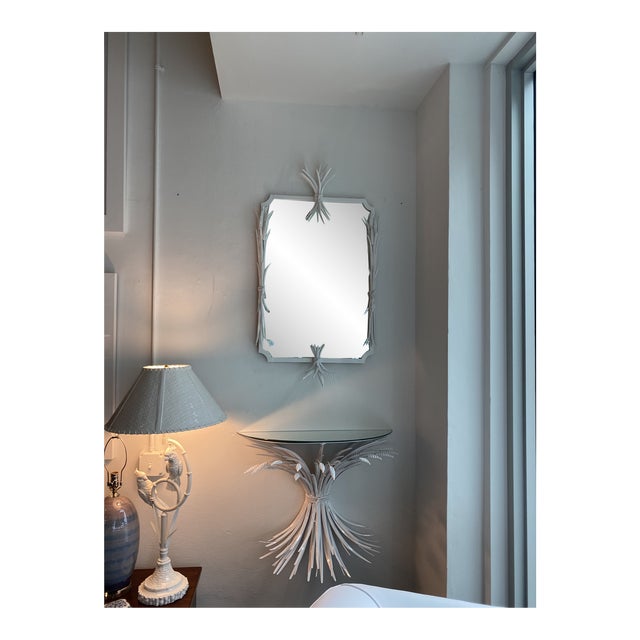 Vintage White Metal Tole Leaf Leaves Wall Mirror & Demi Lune Wall