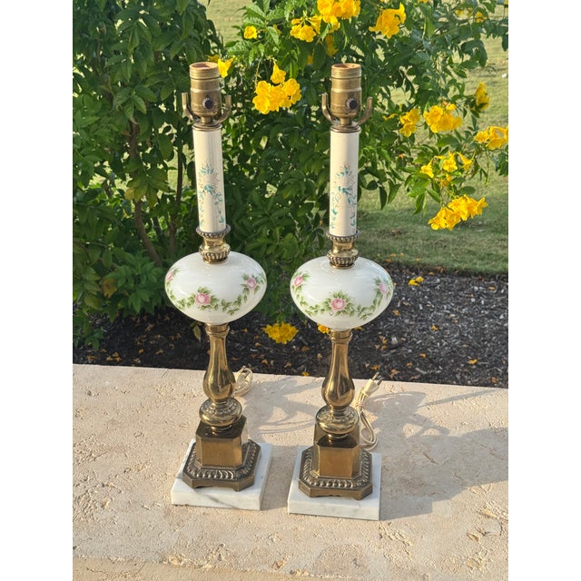 Vintage Hand Painted Pink & Blue Floral Milk Glass & Brass Lamps on Marble Bases - a Pair For Sale - Image 4 of 7