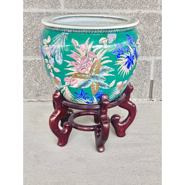 Vintage Green Floral Fish Bowl Planter With Stand Chairish