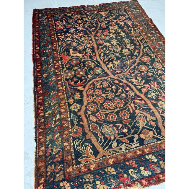 Textile 1930s Growing Tree of Life Deep Navy, Rusty, Camel with Hidden Bird Rug 4.6 x 6.8 For Sale - Image 7 of 11