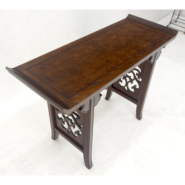 Baker Furniture Company Baker Solid Walnut Pierced Carved Legs Rolled Edge Asian Console Sofa Table MINT For Sale - Image 4 of 15