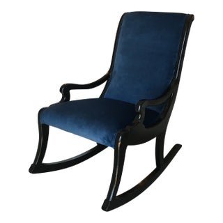 Black Lacquer Wood and Blue Velvet Upholstered Children's Rocking Chair For Sale