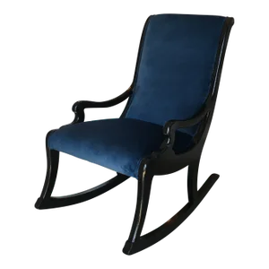 Black Lacquer Wood and Blue Velvet Upholstered Children's Rocking Chair