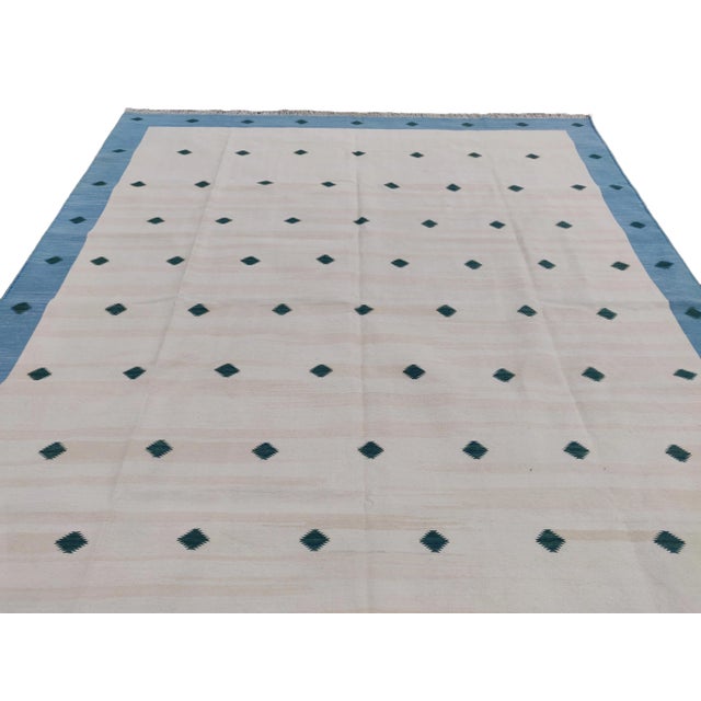 Textile Handmade Cotton Area Rug, Natural Vegetable Dyed White, Blue & Green Diamond Rug-8'x10' For Sale - Image 7 of 10