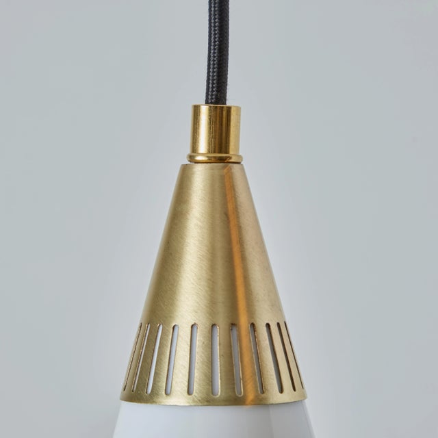 Almari Mauri 1960s Opaline Glass and Brass Geometric Pendant Lamp Attributed to Mauri Almari For Sale - Image 4 of 11
