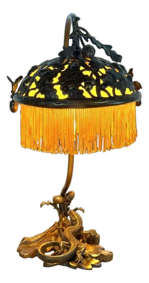 Bronze Victorian Aesthetic Movement Lizard & Acorn Motif Lamp Signed A.R.