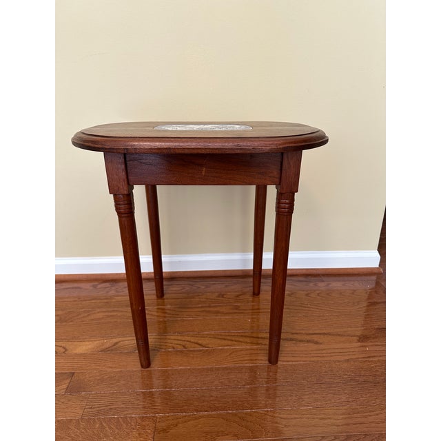 Vintage mid-Century style side table with ceramic Blue Willow inlay
